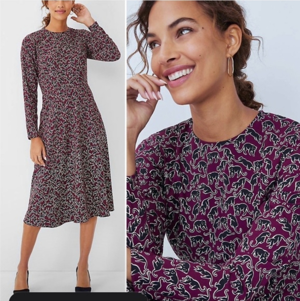 Ann Taylor Panther Printed Maroon And Black Dress Size 4